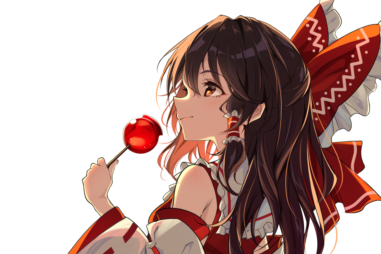 yamanakaume, hakurei reimu, touhou, commentary request, 1girl, bow, brown hair, candy, candy apple, closed mouth, collar, detached sleeves, food, frilled bow, frilled collar, frilled hair tubes, frills, hair bow, hair tubes, holding, holding candy, holding candy apple, holding food, light smile, long hair, long sleeves, looking ahead, looking up, profile, red bow, red eyes, red shirt, ribbon-trimmed sleeves, ribbon trim, shirt, simple background, sleeveless, sleeveless shirt, smile, solo, upper body, white background, white collar, white sleeves, wide sleeves