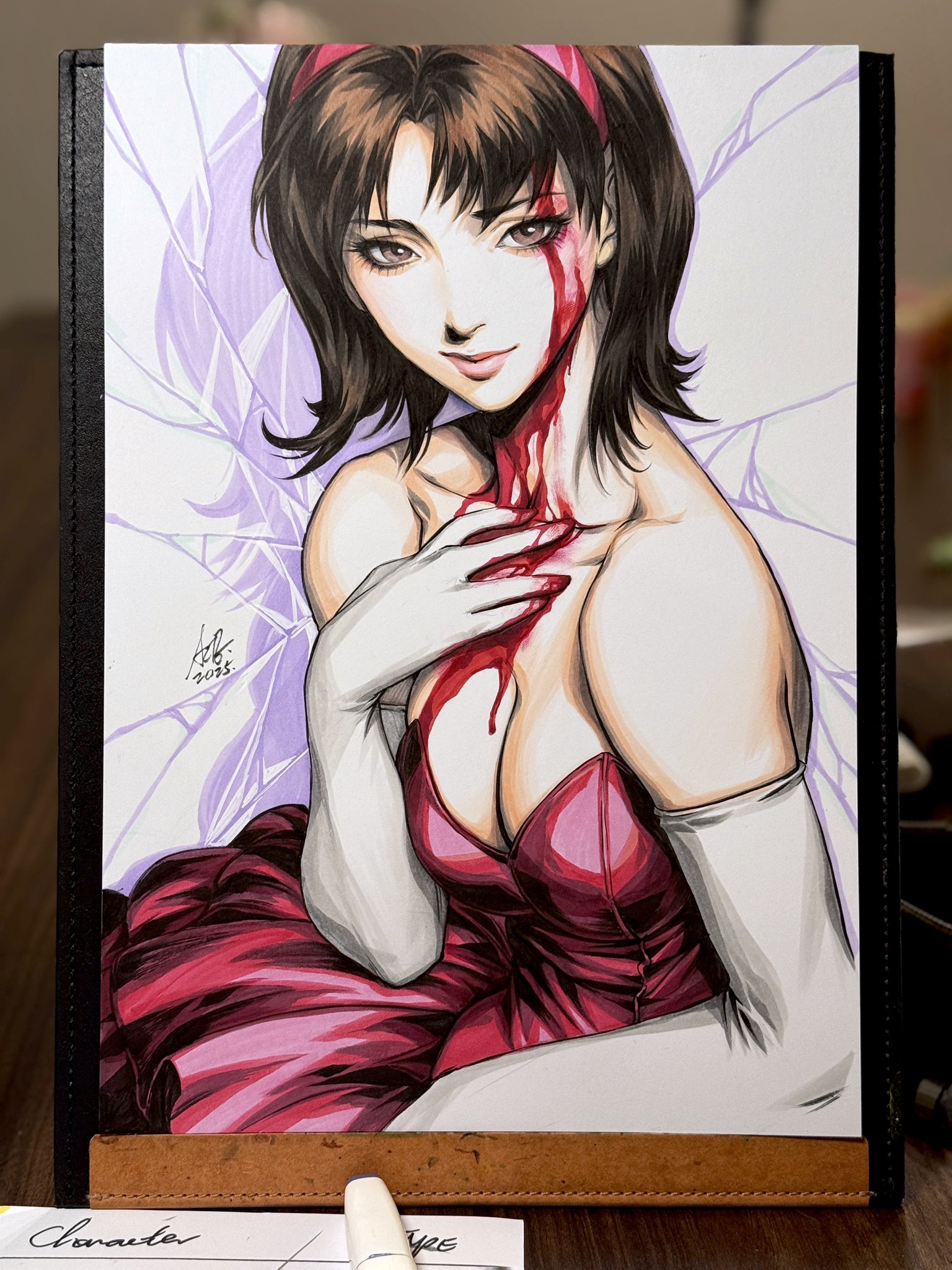 stanley lau, kirigoe mima, perfect blue, highres, bare shoulders, blood, blood on face, crack, dress, elbow gloves, gloves, light smile, looking at viewer, off-shoulder dress, off shoulder, short hair, strapless, strapless dress, white gloves