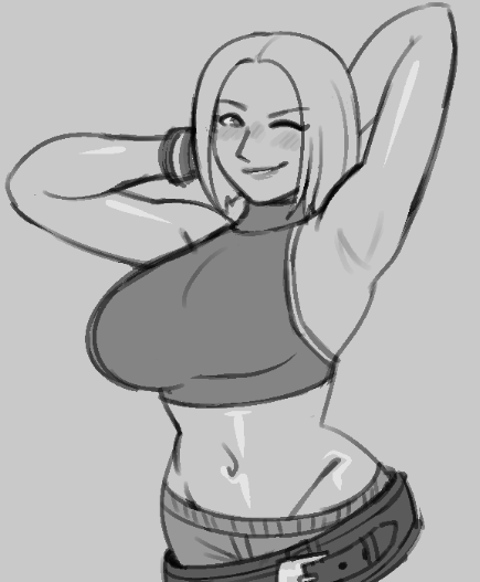 royalmilk20, blue mary, the king of fighters, 1girl, breasts, curvy, female focus, gloves, huge breasts, large breasts, leather, one eye closed, pants, shirt, short hair, smile, smiley face, tank top, thick thighs, thighs, tight clothes, tight shirt, vexwarlock, wide hips, wink