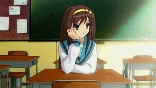 suzumiya haruhi, suzumiya haruhi no yuuutsu, animated, animated gif, lowres, 00s, hairstyles, staring