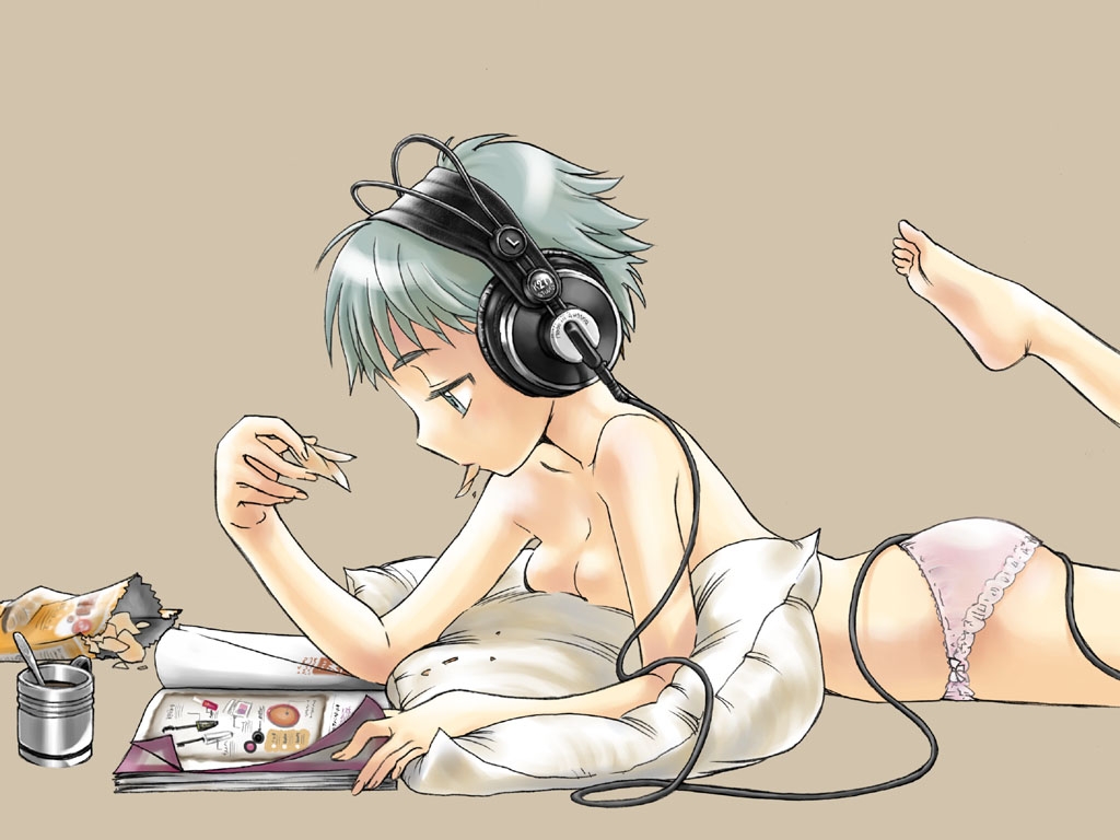 blue hair, breasts, headphones, panties, pillow, snack, underwear
