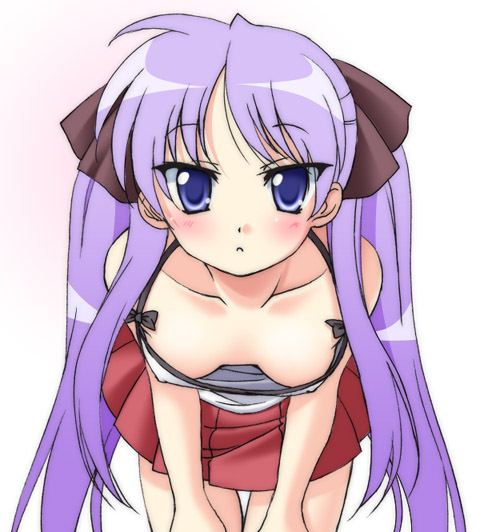 hiiragi kagami, lucky star, 00s, blush, breasts, long hair, skirt