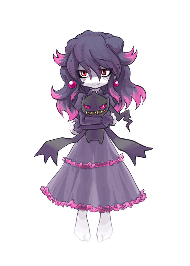 kobayashi tetsuya, banette, misdreavus, nintendo, pokemon, 1girl, blush, child, costume, doll, dress, earrings, gen 2 pokemon, gen 3 pokemon, ghost, gothic lolita, hug, jewelry, lolita fashion, long hair, pale skin, personification, pokemon (creature), purple hair, red eyes, simple background, smile, white background