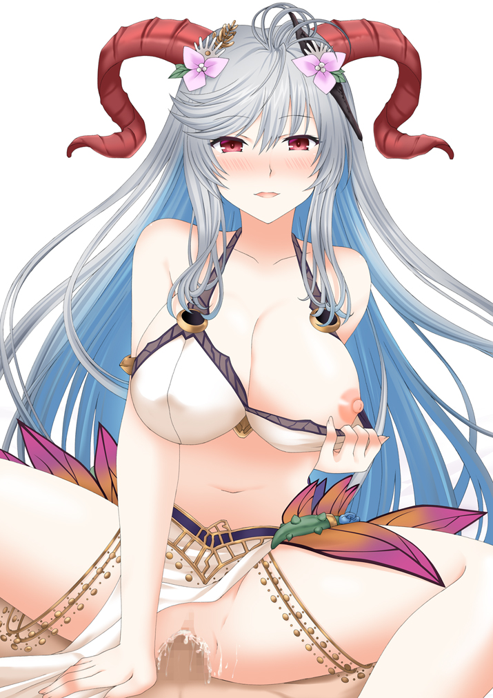 mekeke55, freyja (fire emblem), freyja (summer) (fire emblem), fire emblem, fire emblem heroes, nintendo, commission, skeb commission, 1boy, 1girl, blue hair, breasts, censored, cleavage, cowgirl position, goat horns, grey hair, horns, large breasts, looking at viewer, mosaic censoring, multicolored hair, nipples, pov, red eyes, spread legs, squatting cowgirl position, straddling, vaginal