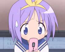 hiiragi tsukasa, lucky star, animated, animated gif, anime screenshot, lowres, 00s, blush, cellphone, hairband, phone, purple eyes, purple hair, short hair, solo
