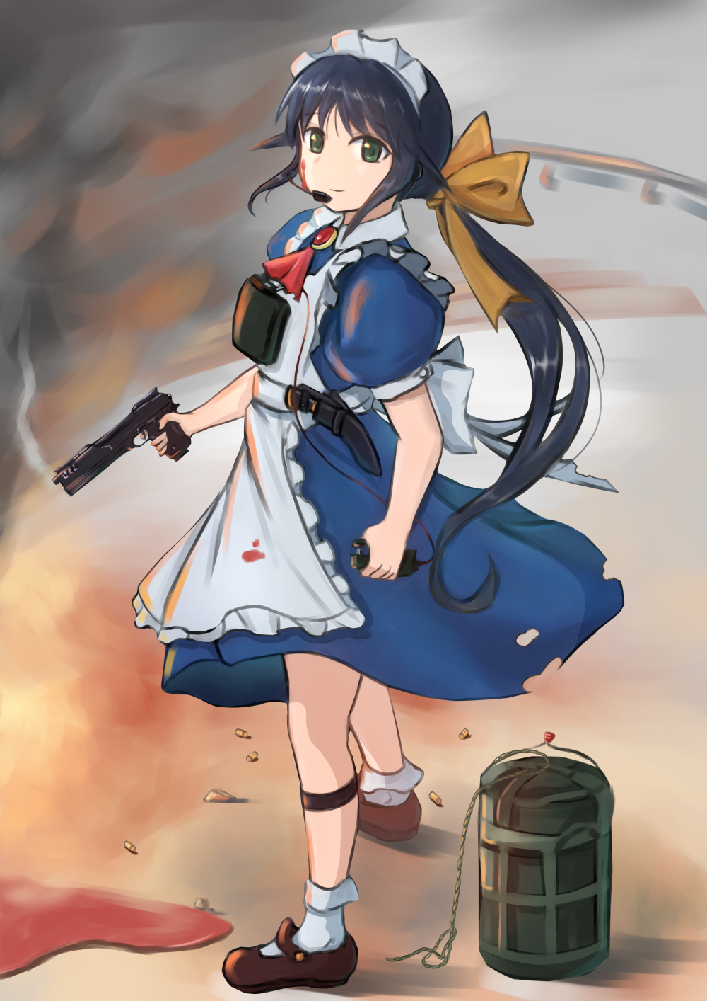 wagaragiga, andou mahoro, mahoromatic, highres, 1girl, apron, ascot, black hair, blood, blood on clothes, blood on face, blue dress, bow, brooch, bullet, closed mouth, dress, frilled apron, frills, full body, green eyes, gun, handgun, headset, holding, holding gun, holding weapon, jewelry, long hair, looking at viewer, maid, maid apron, maid headdress, ponytail, pool of blood, puffy short sleeves, puffy sleeves, red ascot, shoes, short sleeves, sleeve cuffs, smoke, smoking barrel, socks, solo, standing, weapon, white apron, white sleeve cuffs, white socks, yellow bow