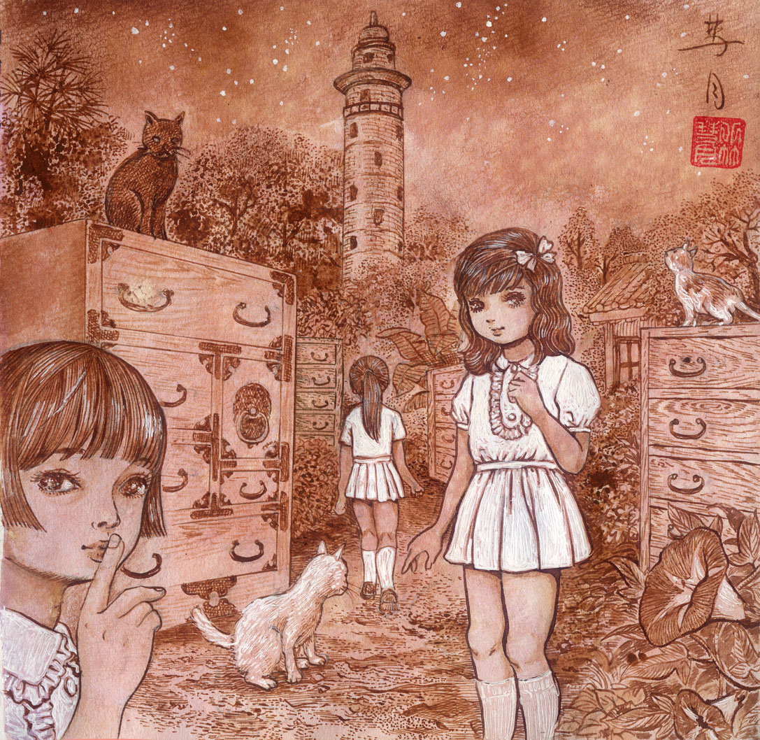 fractal underground studio, original, traditional media, 3girls, animal, artist logo, bow, bush, cat, chest of drawers, dress, finger to mouth, flower, hair bow, kneehighs, logo, long hair, looking at viewer, monochrome, multiple girls, night, night sky, ponytail, puffy sleeves, shoes, short hair, short sleeves, shushing, signature, sky, socks, standing, star (sky), starry sky, tower, tree