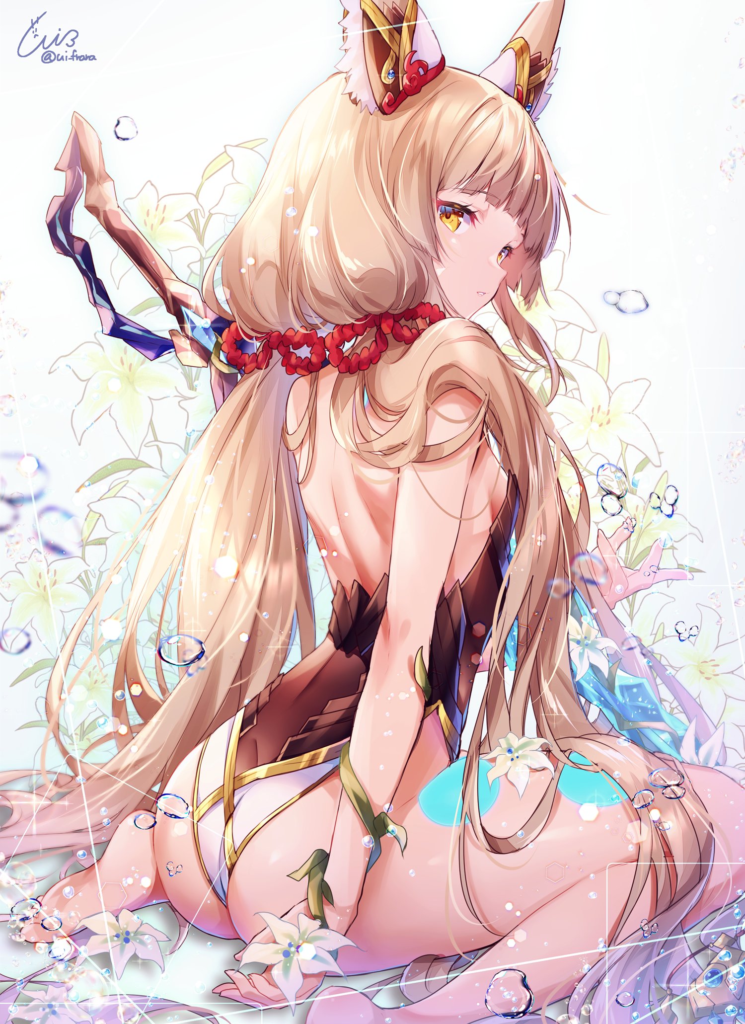 ui frara, nia (blade) (xenoblade), nia (xenoblade), xenoblade chronicles (series), xenoblade chronicles 2, 1girl, animal ears, back, barefoot, cat ears, cat girl, leotard