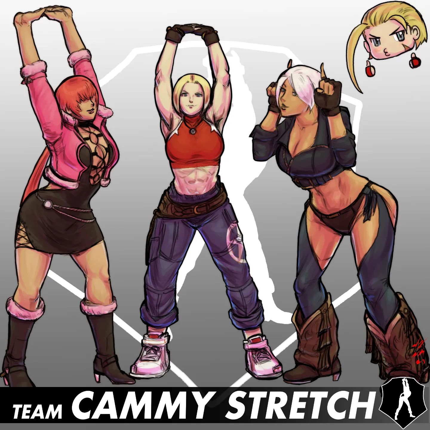 angel (kof), blue mary, cammy white, shermie (kof), street fighter, the king of fighters, blonde hair, blue eyes, boots, coat, curvy, dress, female focus, fishnets, fluffy, gloves, hands up, jacket, leather, long hair, looking at viewer, panties, pants, red hair, shirt, shoes, short hair, skirt, tank top, taurence bell, thick thighs, thighs, tight clothes, tight shirt, underwear, wide hips