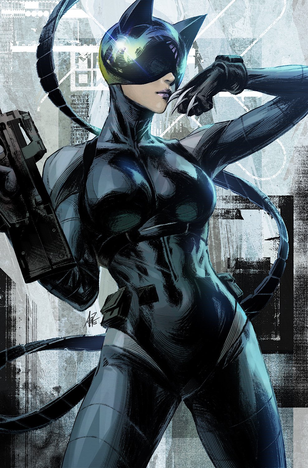 stanley lau, catwoman, absolute batman, absolute dc, dc comics, highres, 1girl, animal ears, arm up, black bodysuit, bodysuit, covered navel, gun, hand up, holding, holding gun, holding weapon, solo, standing, weapon