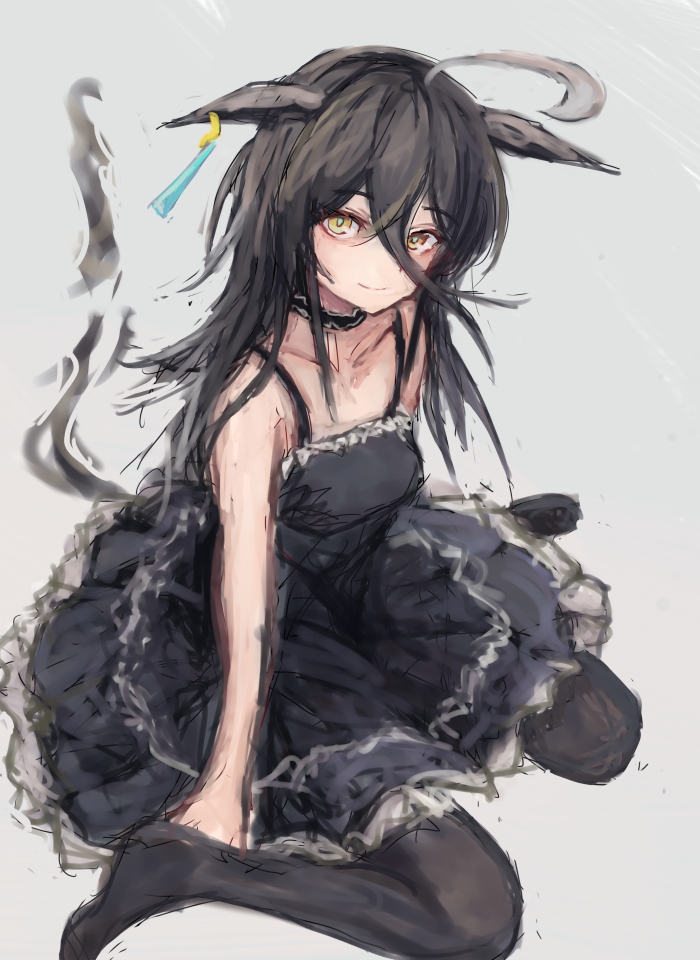 yanagi wakana, manhattan cafe (umamusume), umamusume, 1girl, ahoge, alternate costume, animal ears, bare shoulders, black choker, black dress, black hair, black pantyhose, blush, breasts, choker, closed mouth, collarbone, dress, ear tag, earrings, hair between eyes, horse ears, horse girl, horse tail, jewelry, long bangs, long hair, long hair between eyes, looking at viewer, multicolored hair, pantyhose, simple background, single earring, sitting, sleeveless, sleeveless dress, smile, solo, tail, wariza, white hair, yellow eyes