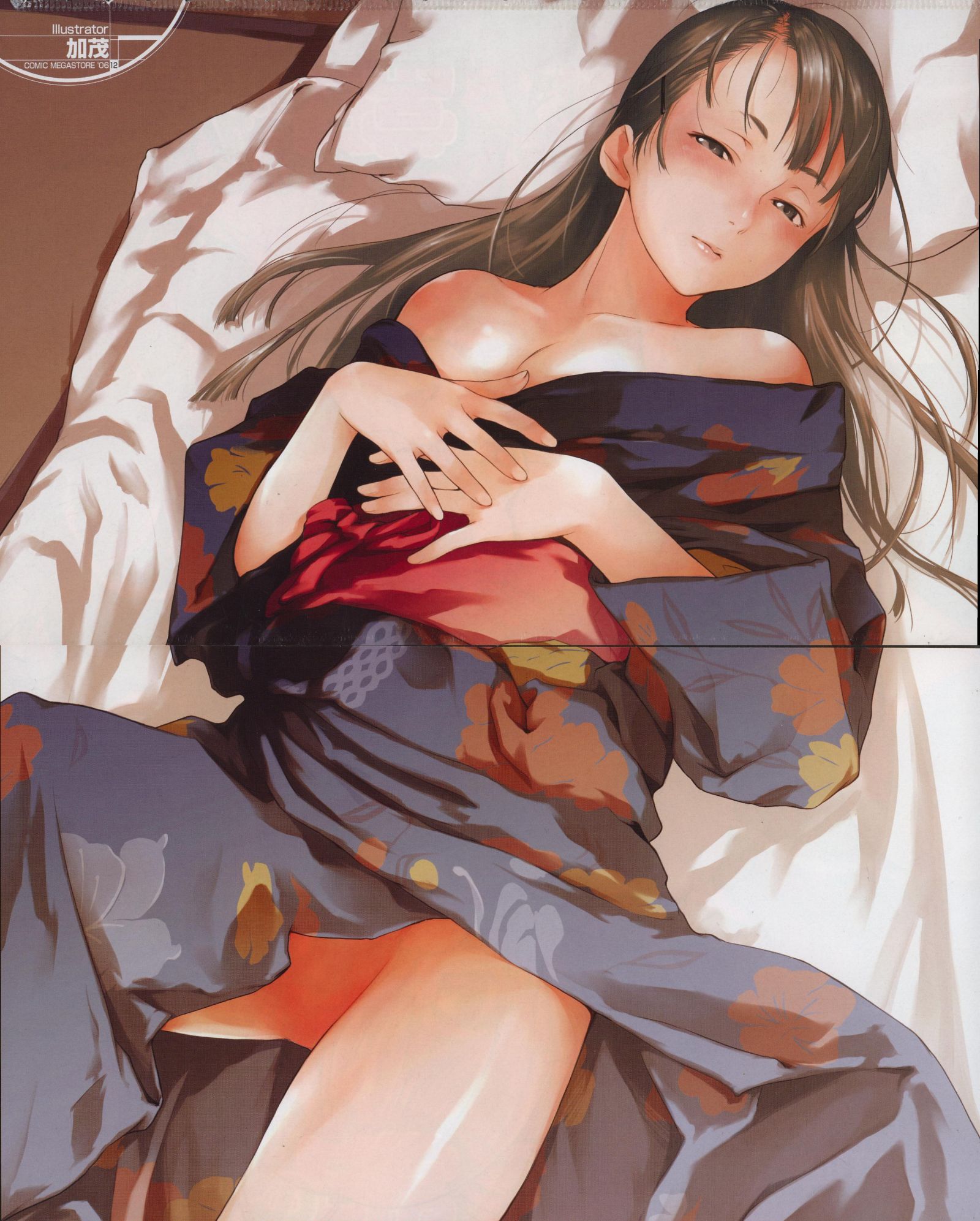 kamo (gafas), original, highres, scan, 1girl, bare shoulders, blush, brown eyes, brown hair, female focus, japanese clothes, kimono, long hair, lying, no panties, solo