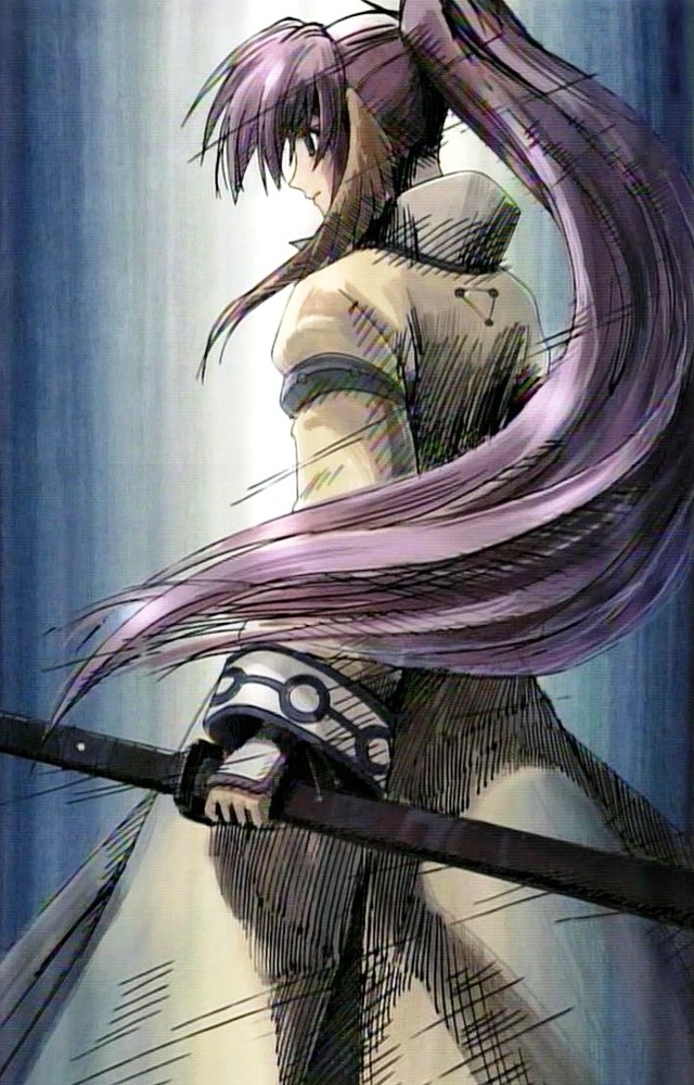 touka (utawarerumono), utawarerumono, 00s, 1girl, female focus, gradient background, long hair, ponytail, purple hair, solo, sword, weapon