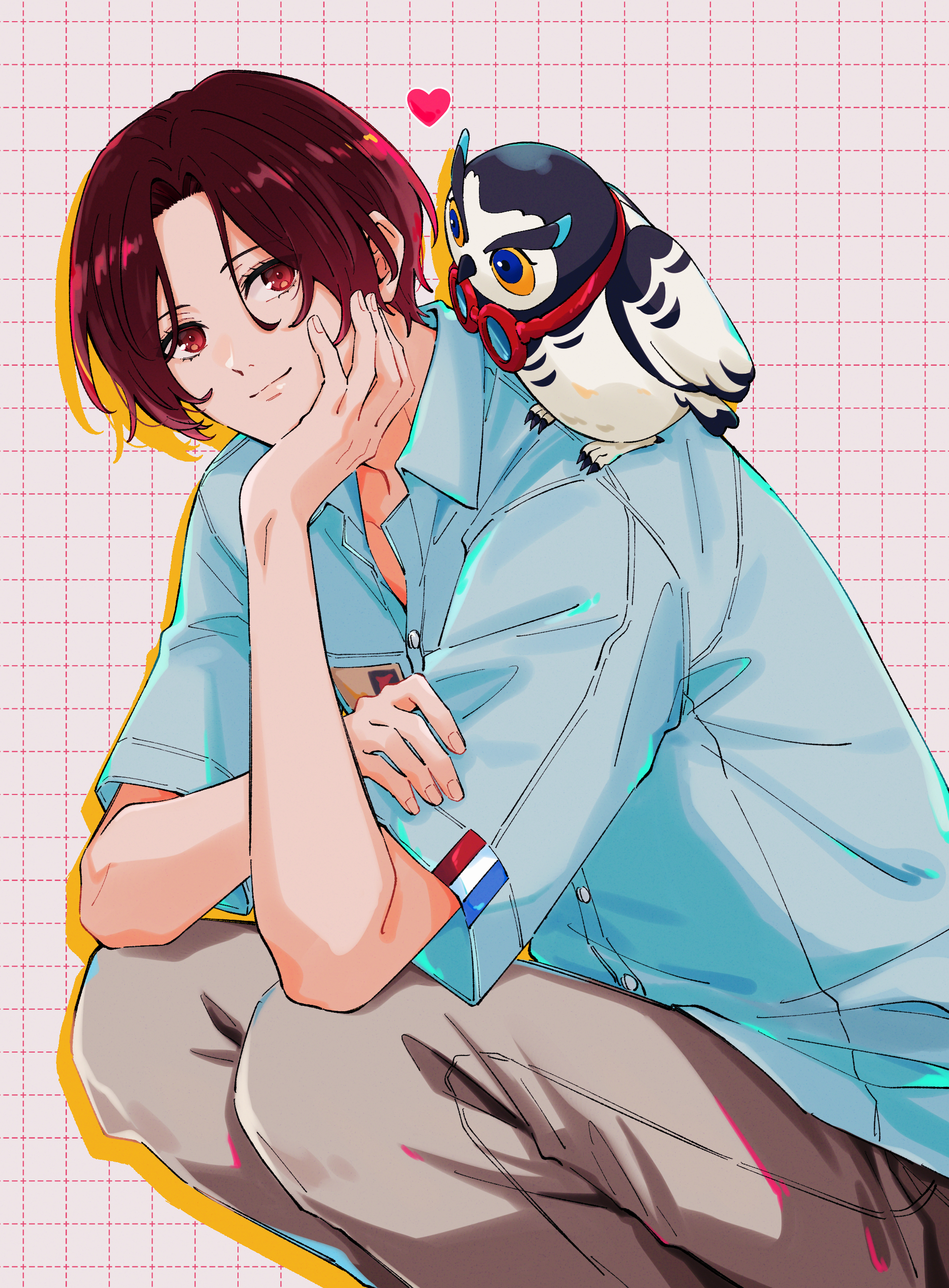 lufel (owl) (p5x), lufel (p5x), persona, persona 5, persona 5: the phantom x, absurdres, highres, 1boy, bird, blue shirt, brown pants, closed mouth, collared shirt, drop shadow, feet out of frame, grid background, hand on own cheek, hand on own face, heart, ikuya kawaii, kamishiro nagisa, looking at animal, looking at viewer, male focus, open collar, owl, pants, red eyes, red hair, shirt, short hair, simple background, smile, solo, squatting, white background, wing collar