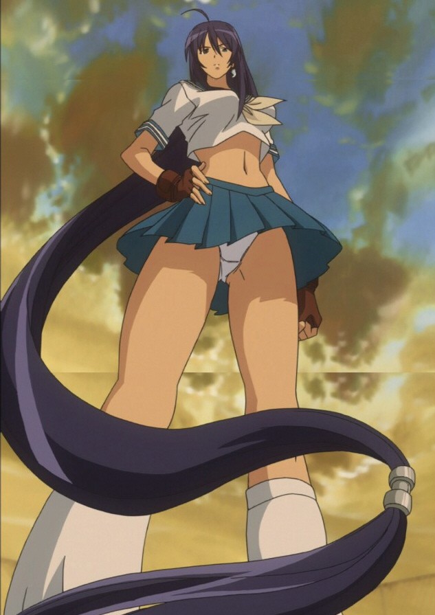 kan'u unchou, ikkitousen, anime screenshot, stitched, third-party edit, 00s, 1girl, long hair, looking at viewer, midriff, panties, school uniform, serafuku, standing, underwear, very long hair