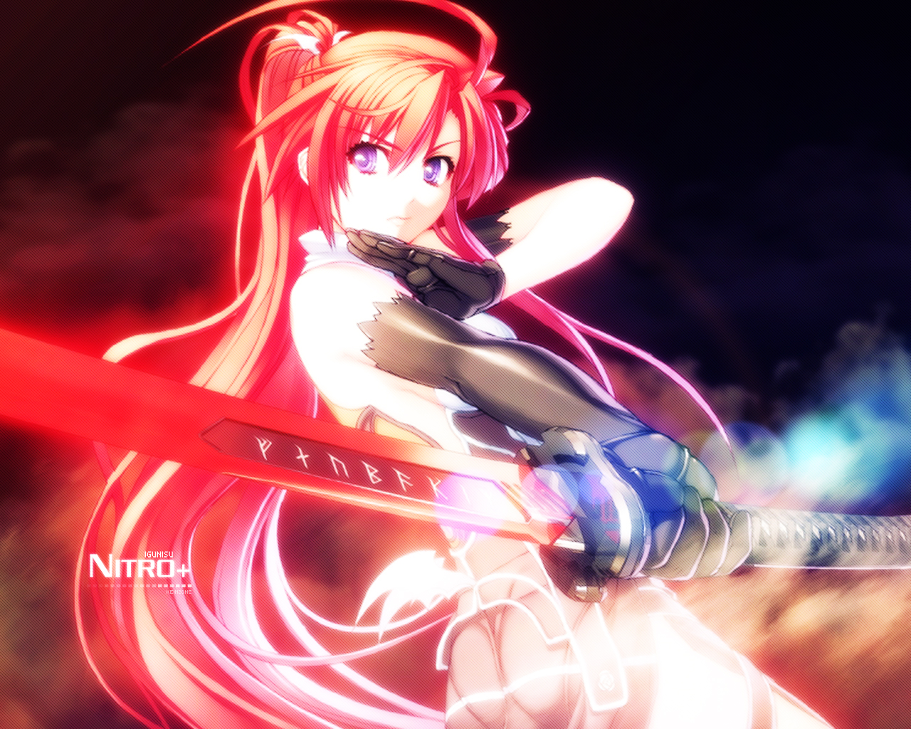 nishii (damnedrive), ignis (jingai makyou), jingai makyou, nitroplus, 1girl, ahoge, ass, elbow gloves, female focus, gloves, jingai makyou (chaos gate), katana, long hair, panties, ponytail, purple eyes, red hair, see-through clothes, solo, sword, underwear, weapon