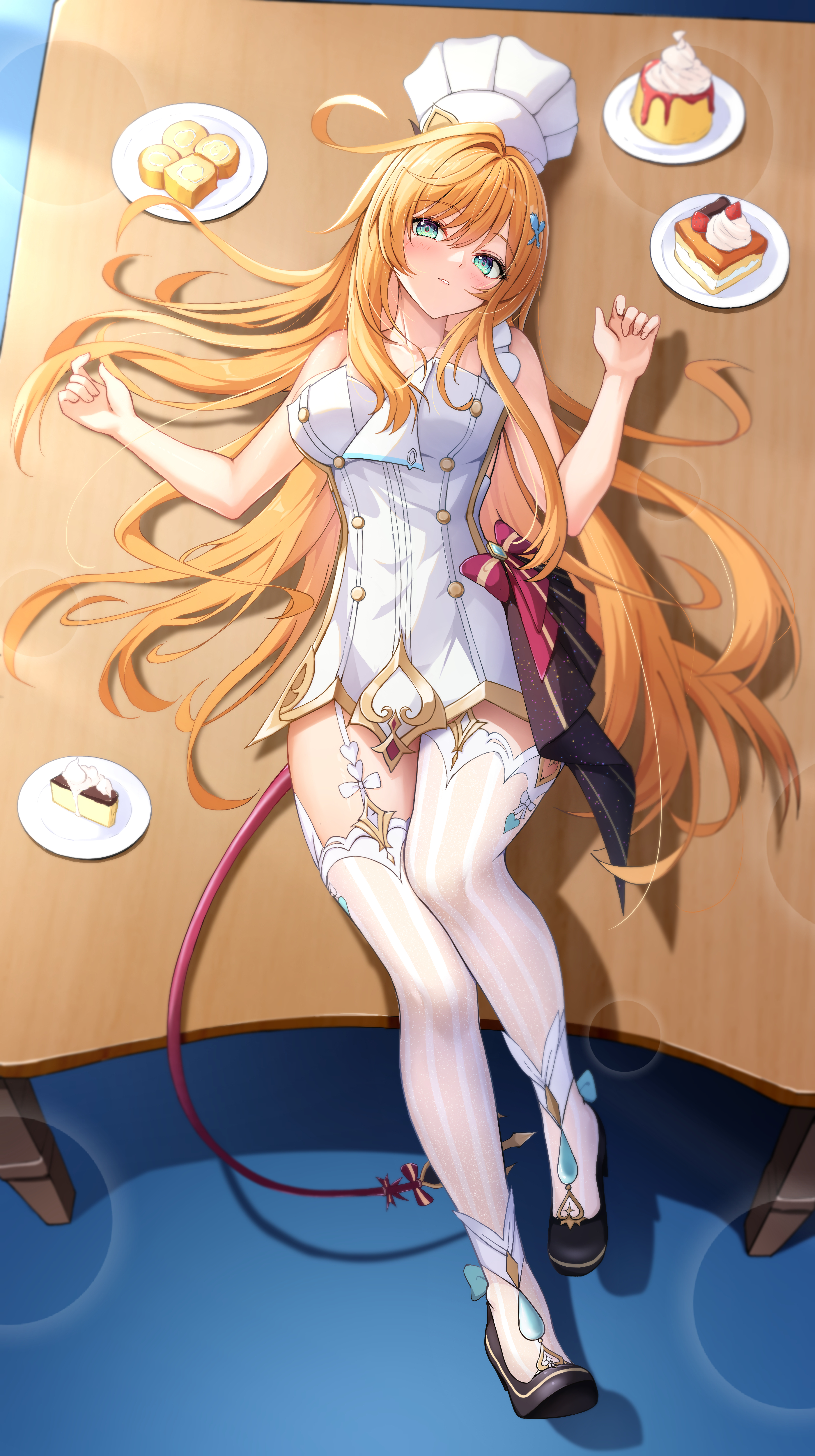 miss shiro, escoffier (genshin impact), genshin impact, absurdres, commentary, highres, 1girl, bare shoulders, black shoes, blonde hair, blush, bow, breasts, buttons, cake, chef hat, collarbone, cowlick, dessert, dress, dress bow, food, fork hair ornament, frills, from above, full body, garter straps, hair ornament, hair spread out, hat, legs, lens, long hair, looking at viewer, lying, on back, on table, parted lips, pink bow, plate, pudding, shoes, sidelocks, solo, striped clothes, striped thighhighs, table, tail, thighhighs, thighs, toque blanche, vertical-striped clothes, vertical-striped thighhighs, very long hair, white dress, white thighhighs, wooden table