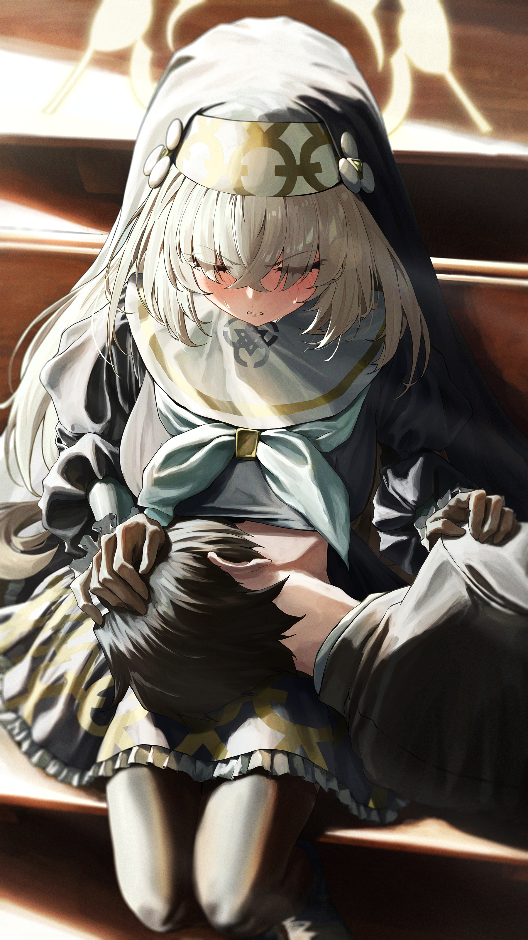 bocchi (kuropom7), sakurako (blue archive), blue archive, absurdres, highres, 1boy, 1girl, black coif, black gloves, black pantyhose, blush, breast rest, breasts, breasts on head, closed eyes, coif, crossed bangs, gloves, grey hair, grey halo, halo, lap pillow, large breasts, long hair, long sleeves, lying, lying on lap, nun, on side, pantyhose, very long hair, winged halo