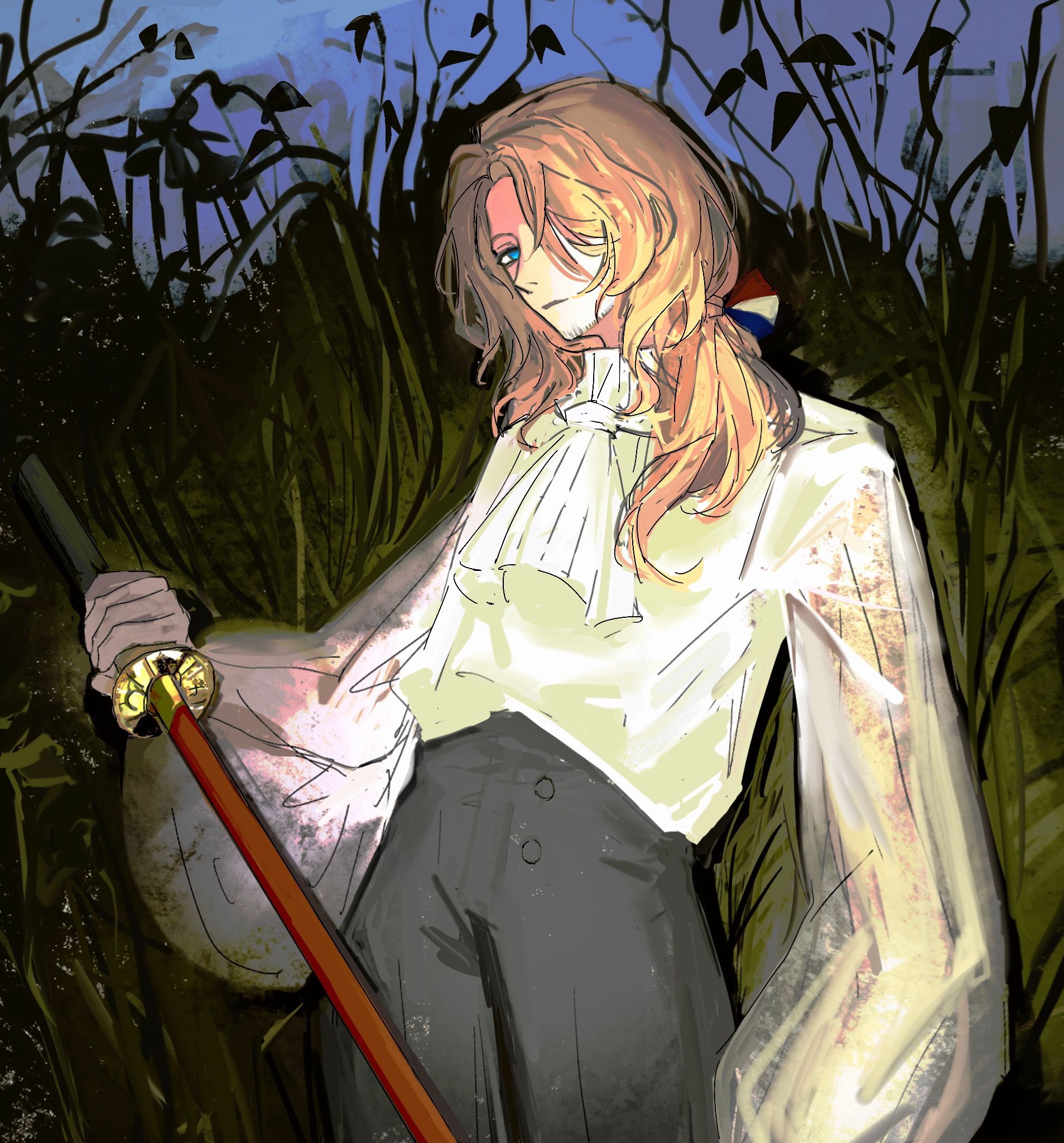 di shilu dongjiang, france (hetalia), axis powers hetalia, highres, 1boy, ascot, blonde hair, blue eyes, bow, cowboy shot, facial hair, goatee stubble, grass, hair bow, hair over one eye, holding, holding sword, holding weapon, long grass, long hair, long sleeves, male focus, ponytail, shirt, solo, stubble, sword, weapon, white shirt