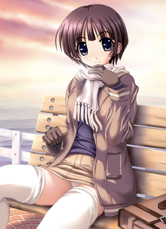 bench, blush, gloves, panties, pantyshot, scarf, short hair, sitting, skirt, solo, thighhighs, underwear