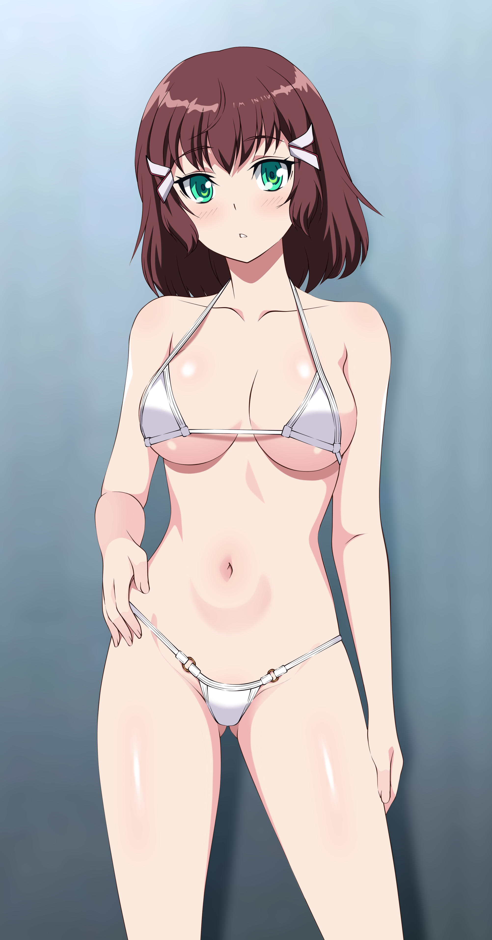 kiniro tofu, sashinami shouko, kakumeiki valvrave, absurdres, commentary, commission, english commentary, highres, 1girl, bikini, blue background, blush, brown hair, cowboy shot, hand on own hip, navel, simple background, solo, standing, swimsuit, white bikini