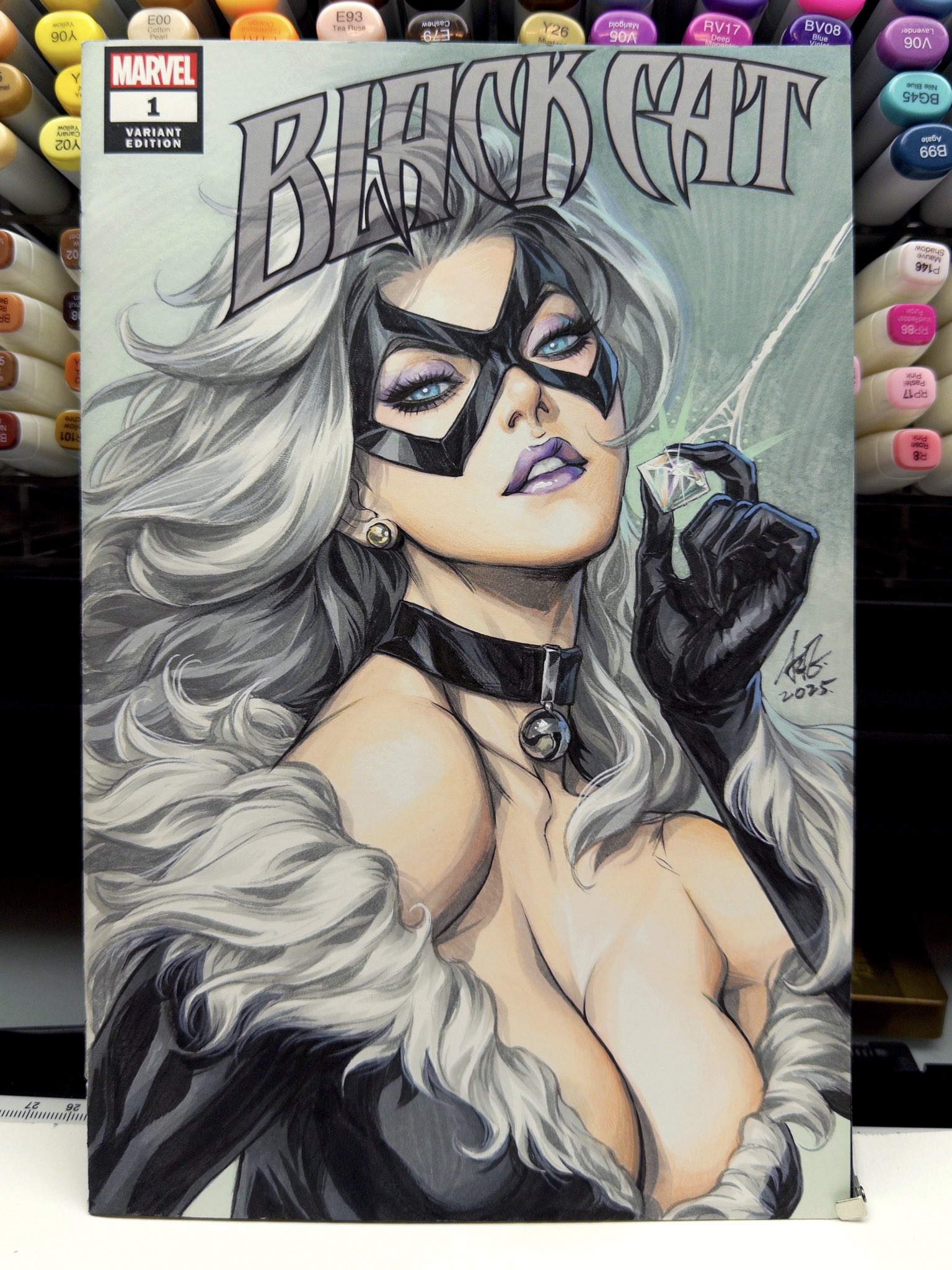 stanley lau, felicia hardy, marvel, spider-man (series), highres, 1girl, bell, black gloves, breasts, choker, cleavage, eye mask, gloves, looking at viewer, neck bell, portrait, solo