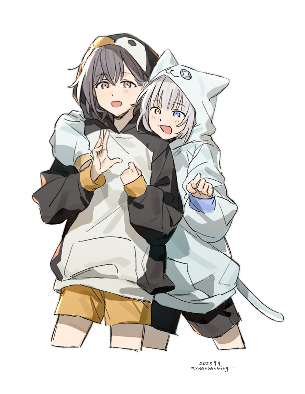 uzr akira, kaname raana, takamatsu tomori, bang dream!, bang dream! it's mygo!!!!!, commentary, hashtag-only commentary, highres, 2girls, animal ear hood, animal ears, animal hood, black shorts, blue eyes, blush, cat ears, cat hood, cat tail, fake animal ears, grey hair, hood, hood up, hoodie, long sleeves, multiple girls, open mouth, penguin hood, raana the cat, short hair, shorts, simple background, tail, white background, white hair, white hoodie, yellow eyes, yellow shorts