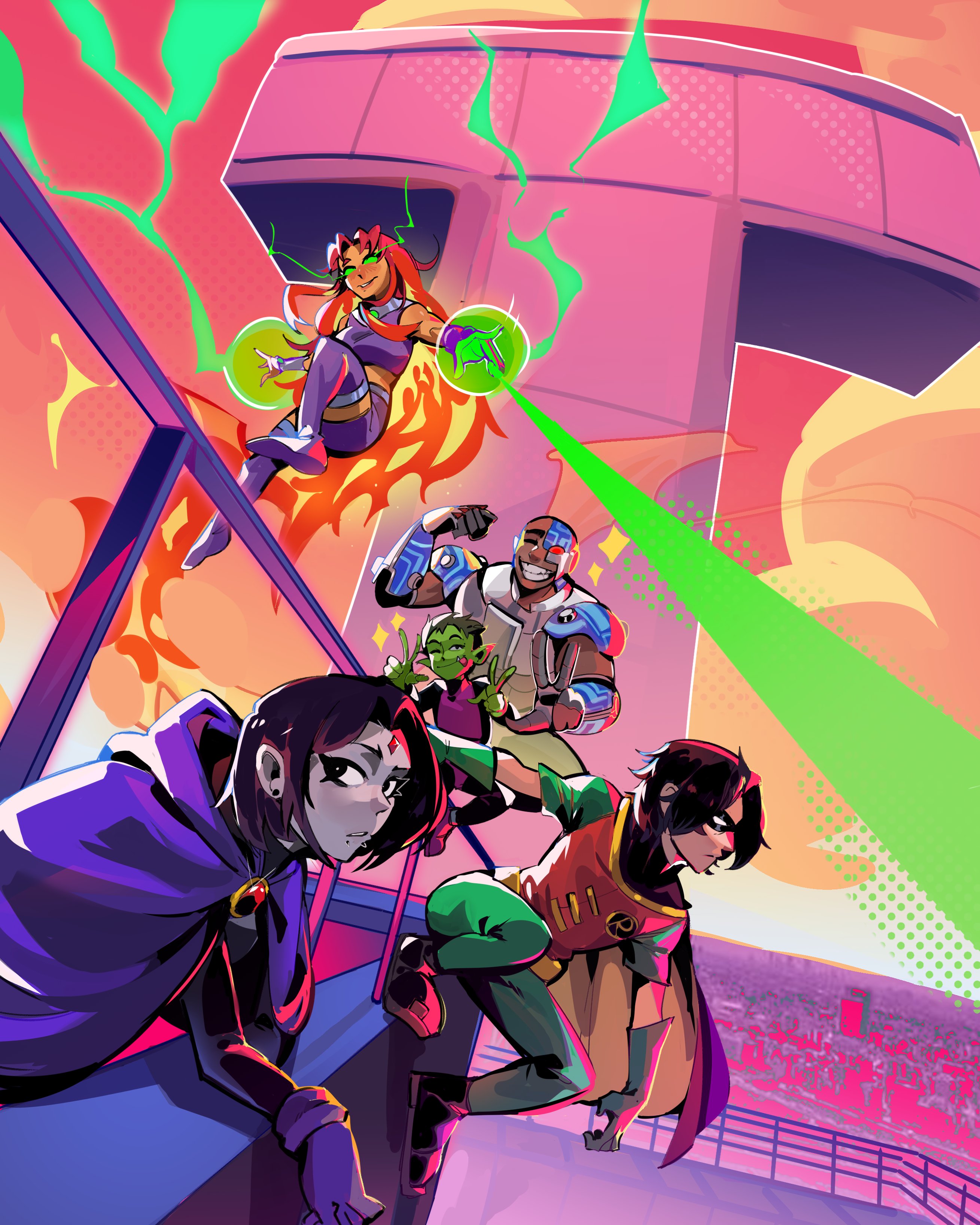 luistopxeroso, beast boy (dc), cyborg (dc), raven (dc), robin (dc), starfire, dc comics, teen titans, absurdres, derivative work, highres, 2girls, 3boys, armor, bald, black cloak, black hair, black mask, cape, cloak, colored sclera, colored skin, crop top, cyborg, dark-skinned male, dark skin, double v, fiery hair, floating, flying, forehead jewel, gloves, green eyes, green gloves, green pants, green sclera, green skin, grey skin, grin, hood, hood down, levitation, long hair, looking at viewer, medium hair, multiple boys, multiple girls, muscular, muscular male, orange hair, orange skin, outdoors, pants, purple cape, purple gloves, purple shirt, purple skirt, red hair, red shirt, shirt, short hair, short sleeves, skirt, smile, superhero costume, two-tone cloak, v, yellow cloak