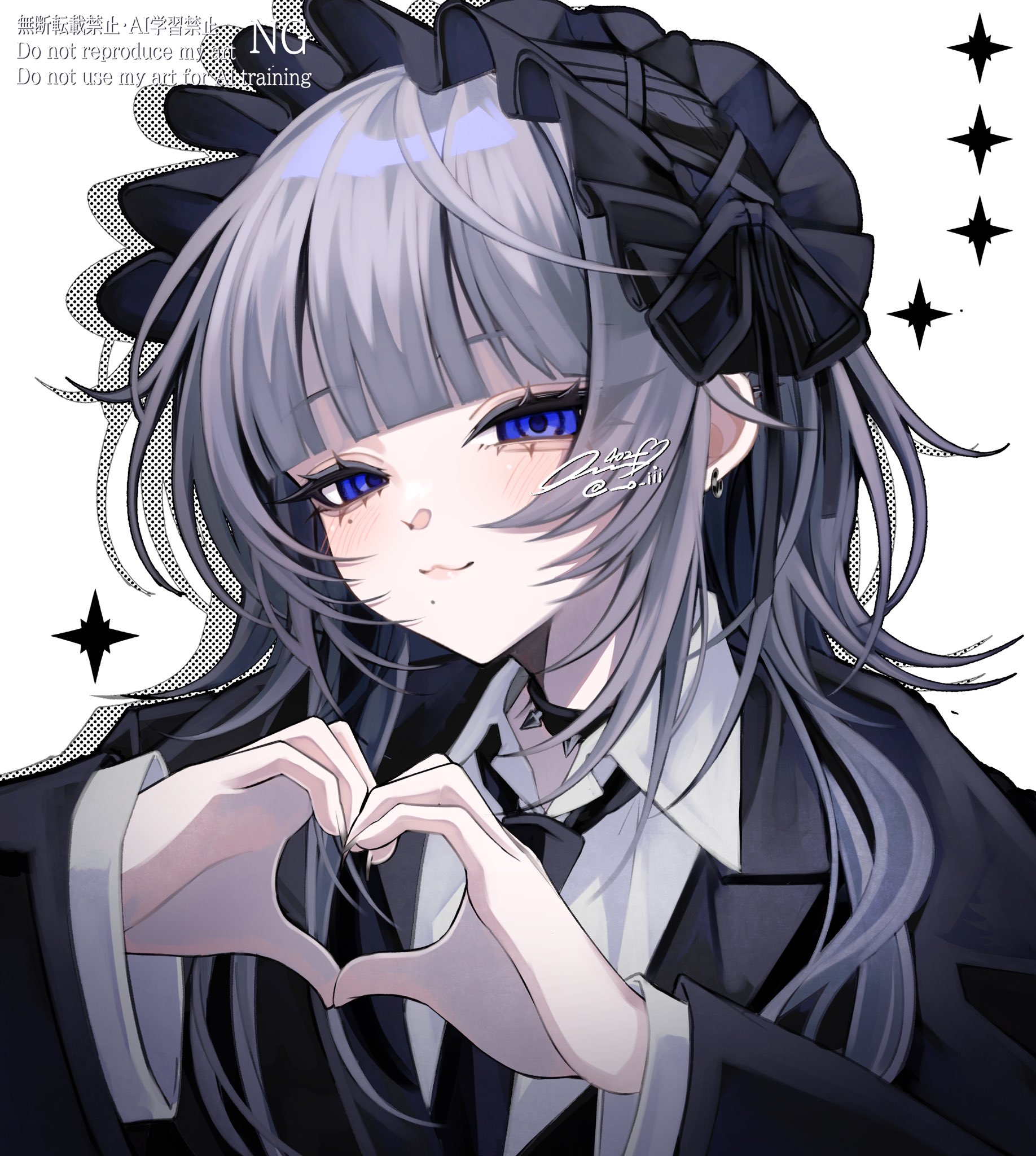 402 (o0 xxx), original, highres, 1girl, black jacket, black necktie, blue eyes, closed mouth, collared shirt, english text, grey hair, hair ornament, half-closed eyes, heart, heart hair ornament, jacket, long hair, looking at viewer, necktie, shirt, simple background, smile, solo, sparkle, upper body, watermark, white background, white shirt