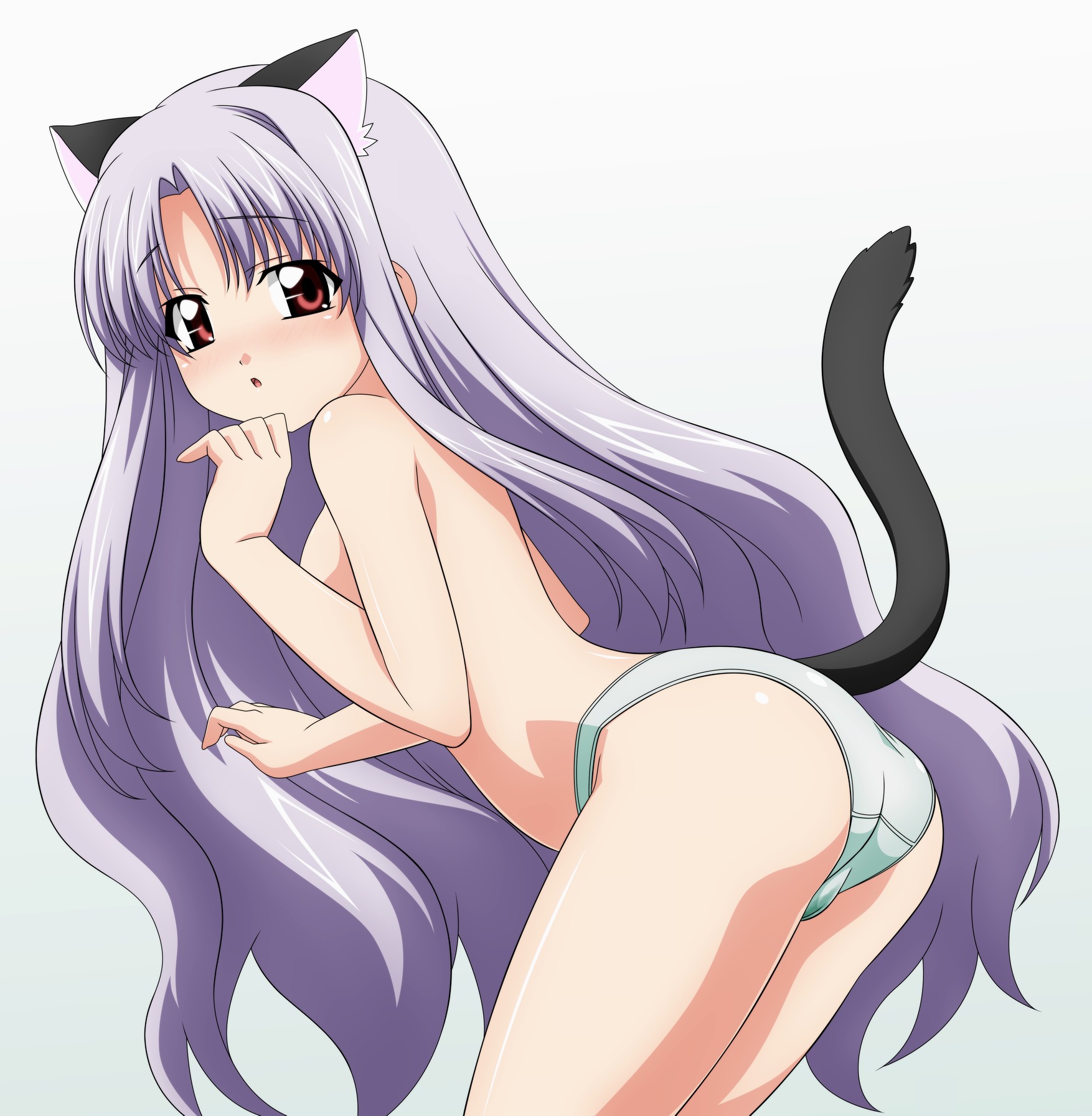 highres, animal ears, blush, cat ears, cat tail, long hair, panties, tail, underwear