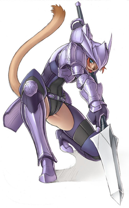 gochou (kedama), dragoon (final fantasy), mithra (ff11), final fantasy, final fantasy xi, 00s, 1girl, :p, animal ears, armor, blue eyes, cameltoe, cat ears, cat tail, dark-skinned female, dark skin, dragoon, faulds, female focus, full body, helmet, holding, holding polearm, holding spear, holding weapon, kneeling, orange hair, polearm, solo, spear, tail, thighhighs, thighs, tongue, tongue out, weapon, white background