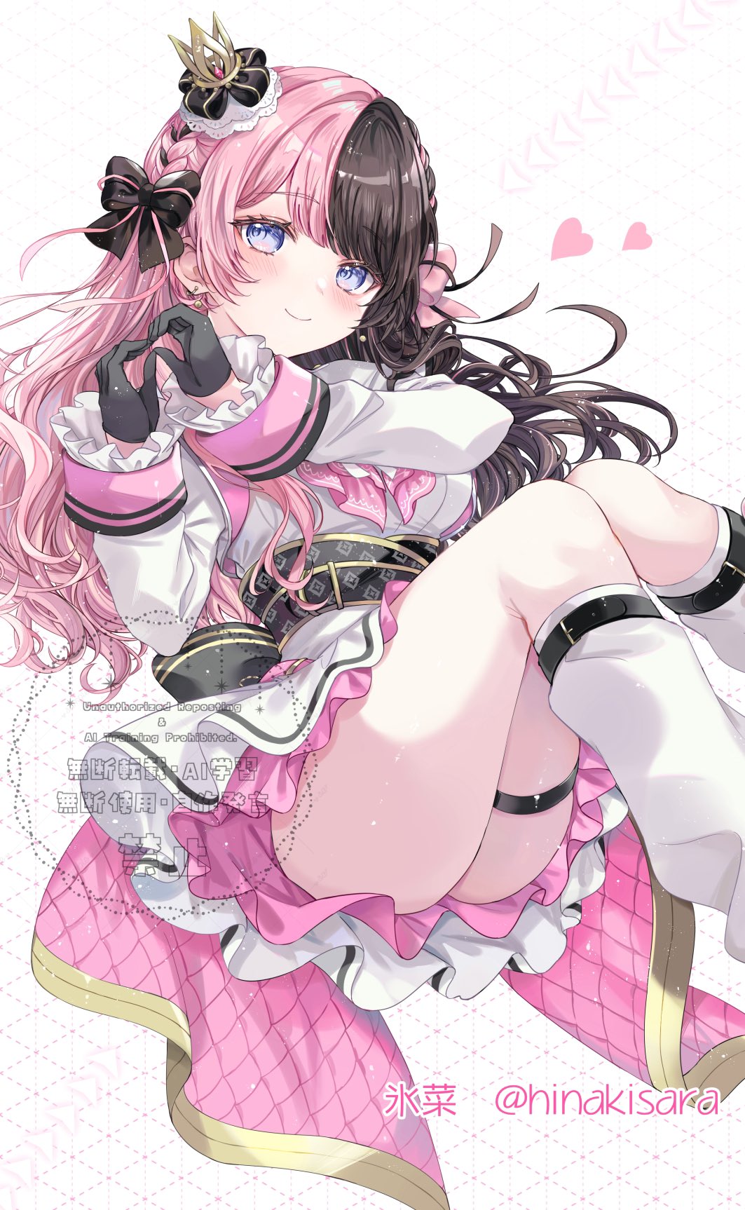 hinakisara, tachibana hinano, vspo!, highres, 1girl, artist name, black bow, black gloves, black hair, bow, closed mouth, crown, dress, gloves, hair bow, heart, leg warmers, long hair, long sleeves, mini crown, multicolored hair, pink hair, sitting, smile, solo, thigh strap, twintails, two-tone hair, virtual youtuber, white dress, white leg warmers