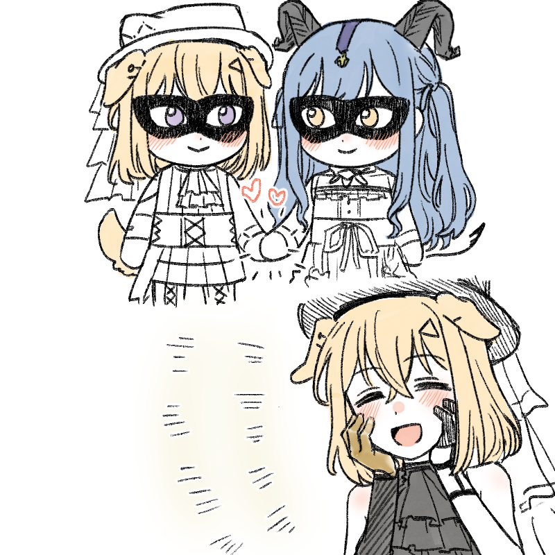 rjfqoszm1212, misumi uika, togawa sakiko, arknights, bang dream!, bang dream! it's mygo!!!!!, commentary, korean commentary, 2girls, animal ears, asymmetrical gloves, black mask, blonde hair, blue hair, dog ears, dog girl, dog tail, gloves, hair between eyes, hands on own cheeks, hands on own face, horns, long hair, mask, masquerade mask, medium hair, mismatched gloves, misumi uika (caged singer), multiple girls, open mouth, purple eyes, sidelocks, tail, togawa sakiko (master of melodia), yellow eyes, yuri