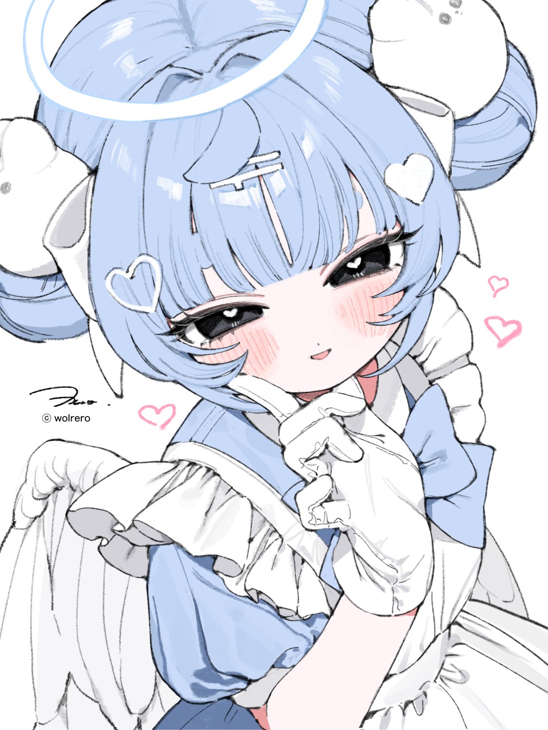 wolrero, original, highres, 1girl, apron, black eyes, blue dress, double bun, dress, gloves, hair bun, hair ornament, half-closed eyes, halo, hand up, heart, heart-shaped pupils, heart hair ornament, looking at viewer, maid apron, parted lips, puffy short sleeves, puffy sleeves, short sleeves, simple background, smile, solo, symbol-shaped pupils, twitter username, white apron, white background, white gloves, white halo