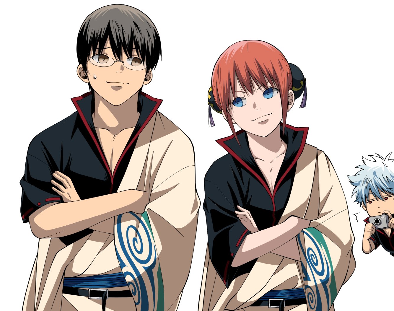 kagura (gintama), sakata gintoki, shimura shinpachi, gintama, 1girl, 2boys, belt, black belt, black hair, black shirt, blue eyes, blue hair, breasts, brown eyes, bun cover, camera, cleavage, closed mouth, collarbone, cosplay, crossed arms, double bun, glasses, hadanugi dousa, hair bun, holding, holding camera, japanese clothes, kimono, long sleeves, messy hair, multiple boys, open clothes, open kimono, orange hair, parted bangs, popped collar, red eyes, sakata gintoki (cosplay), shirt, short hair, short sleeves, simple background, smile, sweatdrop, white background, white kimono, yubi nui21