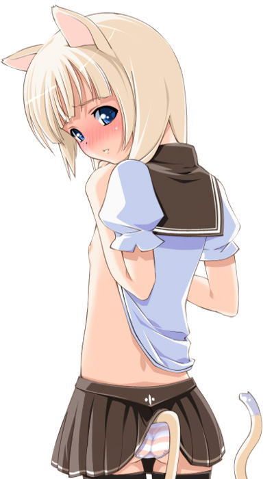 ooji, 1girl, animal ears, blonde hair, blue eyes, blush, cat ears, cat girl, cat tail, clothes lift, flat chest, full-face blush, loli, nipples, panties, sailor collar, school uniform, serafuku, shirt lift, short hair, short sleeves, skirt, skirt lift, striped clothes, striped panties, tail, tail lifting skirt, thighhighs, underwear