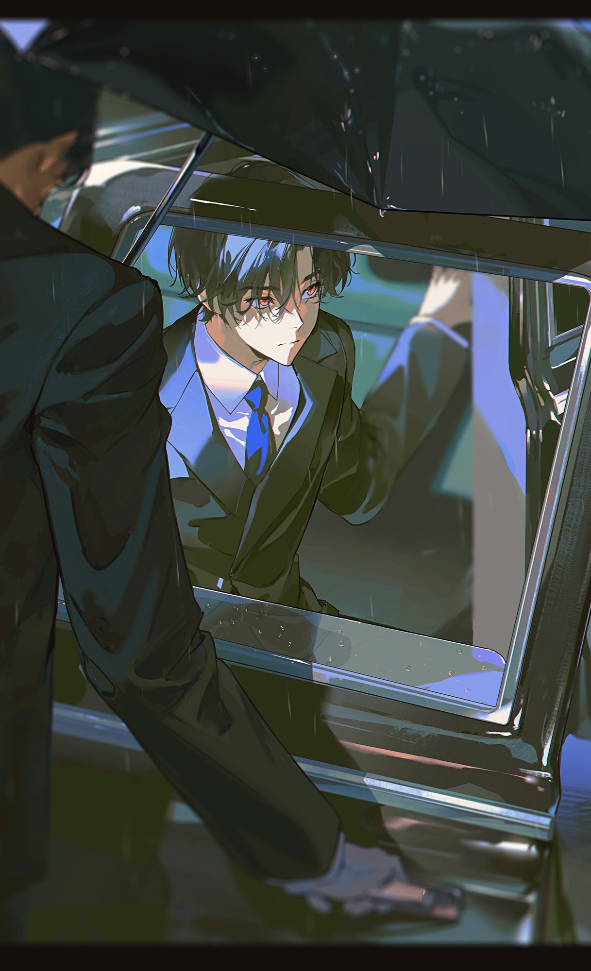 xiaojiaju, character request, copyright request, highres, 2boys, black hair, black jacket, black umbrella, blue necktie, car, collared shirt, from behind, gloves, hand up, holding, holding umbrella, jacket, limousine, looking to the side, male focus, motor vehicle, multiple boys, necktie, parted bangs, red eyes, shirt, umbrella, upper body, white gloves, white shirt