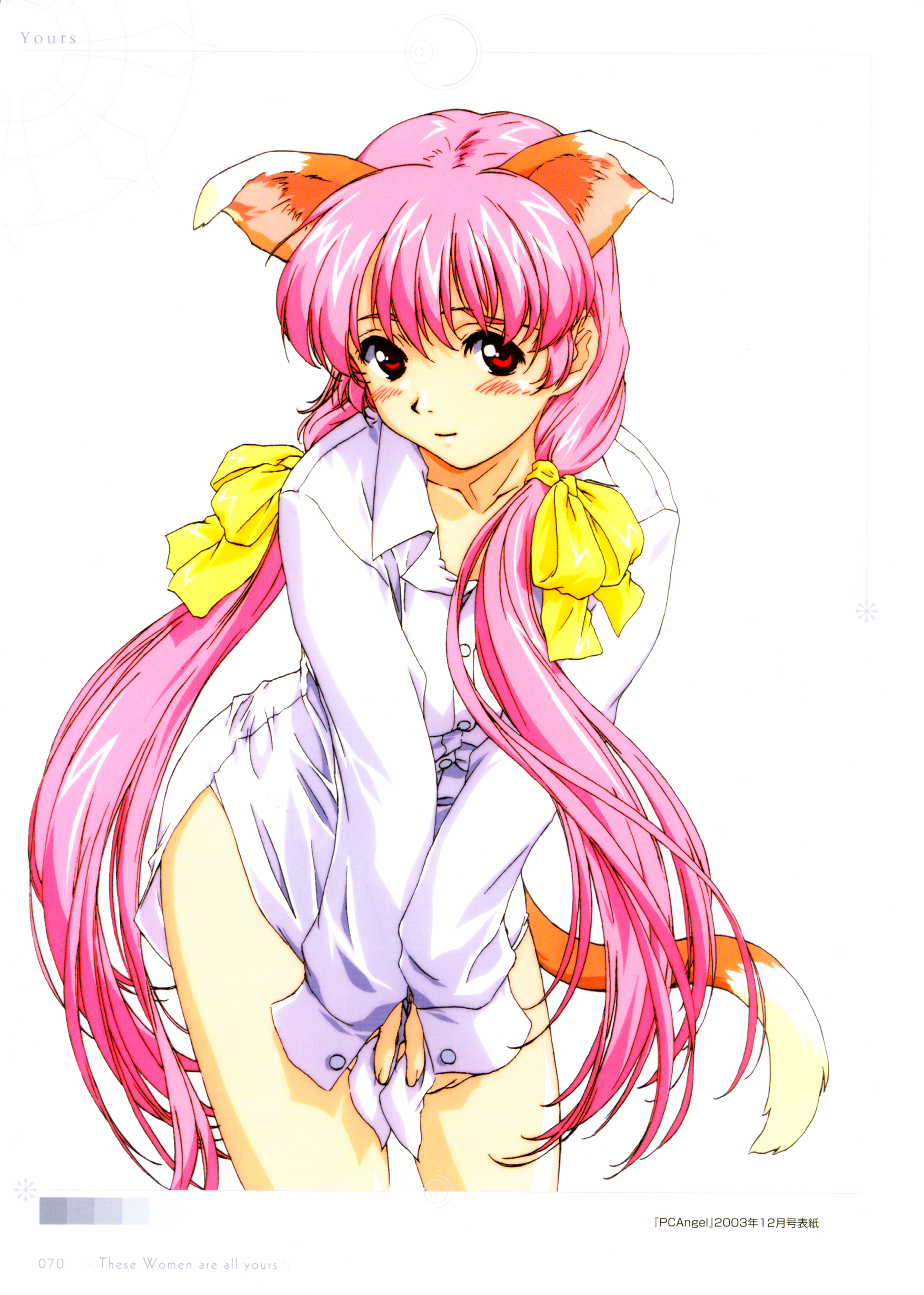 horibe hiderou, yours (art book), absurdres, highres, animal ears, blush, cat ears, cat tail, dress shirt, hair ribbon, leaning forward, long hair, no pants, pink hair, red eyes, ribbon, shirt, solo, tail, twintails