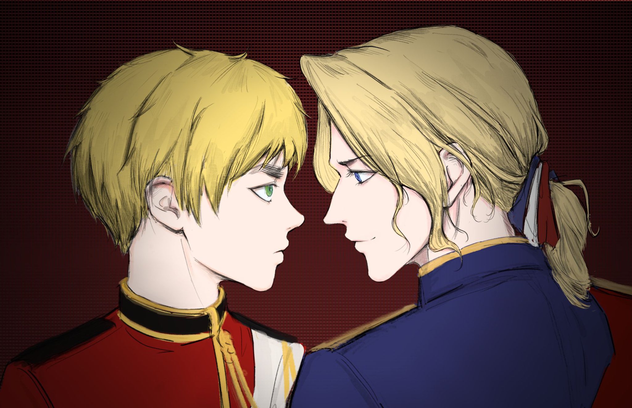france (hetalia), united kingdom (hetalia), axis powers hetalia, highres, 2boys, blonde hair, blue eyes, face-to-face, flyinggibbon1, green eyes, hair ribbon, looking at another, male focus, medium hair, military uniform, multiple boys, ponytail, portrait, profile, red background, ribbon, short hair, smile, thick eyebrows