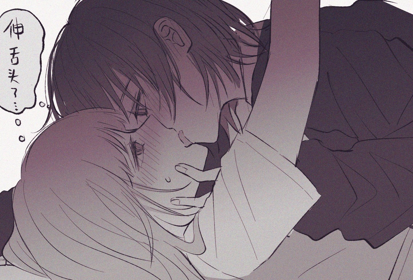 guiltyskullu, naoi (zenbu kowashite jigoku de aishite), yoshizawa kurumi, zenbu kowashite jigoku de aishite, chinese commentary, commentary request, translation request, 2girls, blush, chinese text, eye contact, french kiss, kiss, long hair, long sleeves, looking at another, monochrome, multiple girls, short hair, short sleeves, yuri