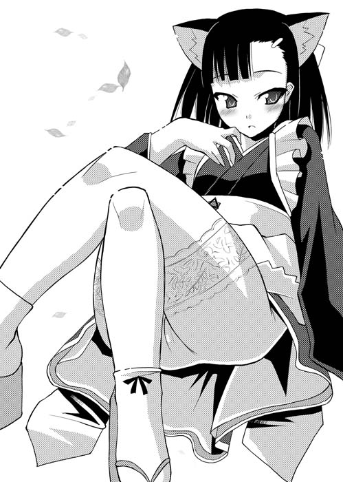 utamaro, sakurazaki setsuna, mahou sensei negima!, 00s, 1girl, animal ears, blush, cat ears, crossed legs, female focus, greyscale, japanese clothes, long hair, monochrome, sitting, skirt, solo, thighhighs