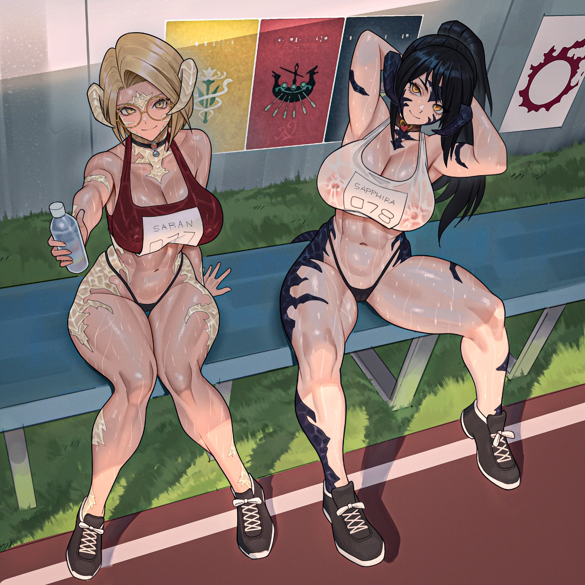seventeencrows, sapphira nyx, warrior of light (ff14), final fantasy, final fantasy xiv, original, commentary, commission, english commentary, highres, second-party source, 2girls, abs, armpits, arms behind head, au ra, bare arms, bare shoulders, bench, black hair, black panties, black shoes, blonde hair, bottle, bra, breasts, brown eyes, character name, cleavage, closed mouth, covered erect nipples, curtained hair, dragon horns, dragon tail, eyebrows hidden by hair, full body, glasses, grass, groin, hair between eyes, highleg, highleg panties, holding, holding bottle, horns, knees together feet apart, large breasts, leaning to the side, long hair, looking at viewer, multiple girls, name tag, navel, on bench, outstretched arm, panties, ponytail, red sports bra, round eyewear, saran (femraenjoyer), see-through bra, see-through clothes, see-through sports bra, shoes, short hair, sitting, smile, sneakers, sports bra, stomach, string panties, sweat, sweaty clothes, tail, toned, toned female, track and field, underwear, very sweaty, white background, white sports bra