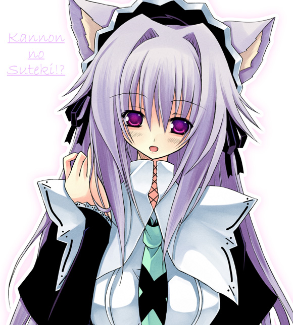 kannon ouji, animal ears, apron, blush, bow, cat ears, dress, kannon no suteki, long hair, maid, maid apron, pink eyes, purple eyes, purple hair, ribbon, solo