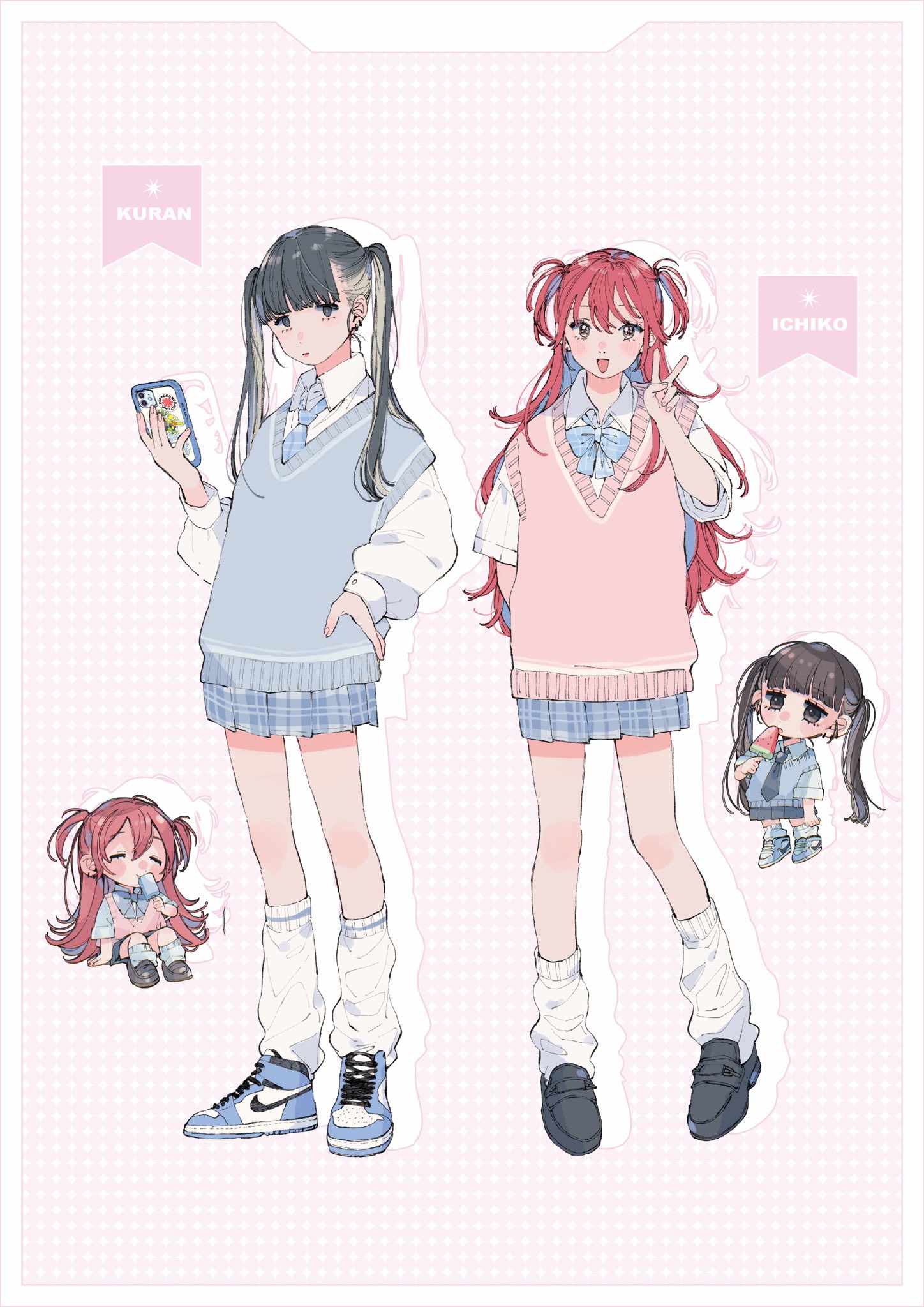 kashiwagi tsukiko, kuran arisa, ogino ichiko, inkya gyaru demo ikigaritai!, nike (company), commentary, highres, symbol-only commentary, 2girls, arm behind back, black eyes, black shoes, blue bow, blue bowtie, blue hair, blue necktie, blue shoes, blue skirt, blue sweater vest, bow, bowtie, cellphone, character name, colored inner hair, drop shadow, ear piercing, earrings, food, grey hair, hair between eyes, hand on own hip, holding, holding food, holding phone, holding popsicle, jewelry, loafers, long hair, long sleeves, loose socks, multicolored hair, multiple girls, necktie, open mouth, phone, piercing, pink sweater vest, plaid bow, plaid bowtie, plaid clothes, plaid necktie, plaid skirt, pleated skirt, popsicle, red hair, school uniform, shirt, shoes, short sleeves, skirt, smartphone, socks, sweater vest, twintails, two side up, v, watermelon bar, white shirt, white socks