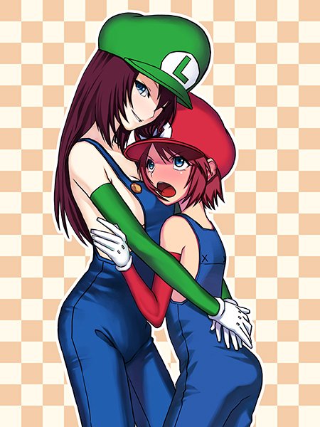 luigi, maria, mario, mario (series), nintendo, super mario bros. 1, green headwear, red headwear, 2girls, ass, blue eyes, blush, brown hair, checkered background, cowboy shot, full-face blush, genderswap, genderswap (mtf), gloves, green eyes, hug, long hair, looking at another, looking at viewer, multiple girls, no bra, one eye closed, outline, overalls, short hair, standing, white gloves, white outline, wink, yuri