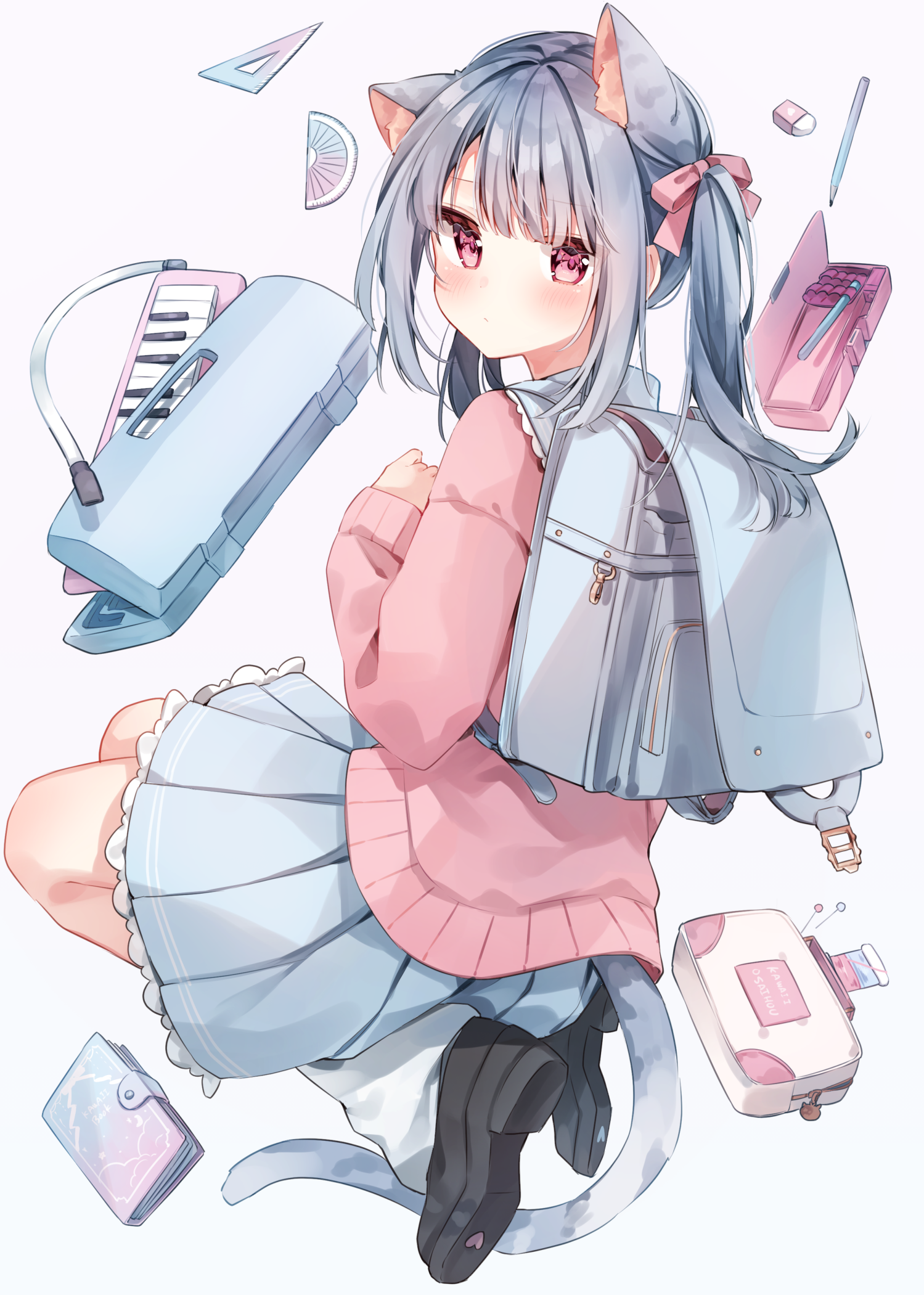 heripiro, original, commentary request, highres, 1girl, animal ear fluff, animal ears, backpack, bag, black shoes, blue bag, blue hair, blue skirt, blush, cat ears, cat girl, closed mouth, eraser, full body, hair ribbon, long hair, long sleeves, looking at viewer, loose socks, notebook, pencil, pink ribbon, pink sweater, pleated skirt, randoseru, red eyes, ribbon, shoes, simple background, skirt, socks, solo, sweater, twintails, white background, white socks