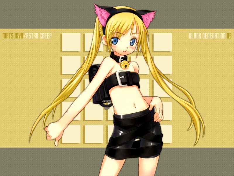 matsuryuu, animal ears, belt, blush, cat ears, loli, long hair, midriff, spandex, twintails