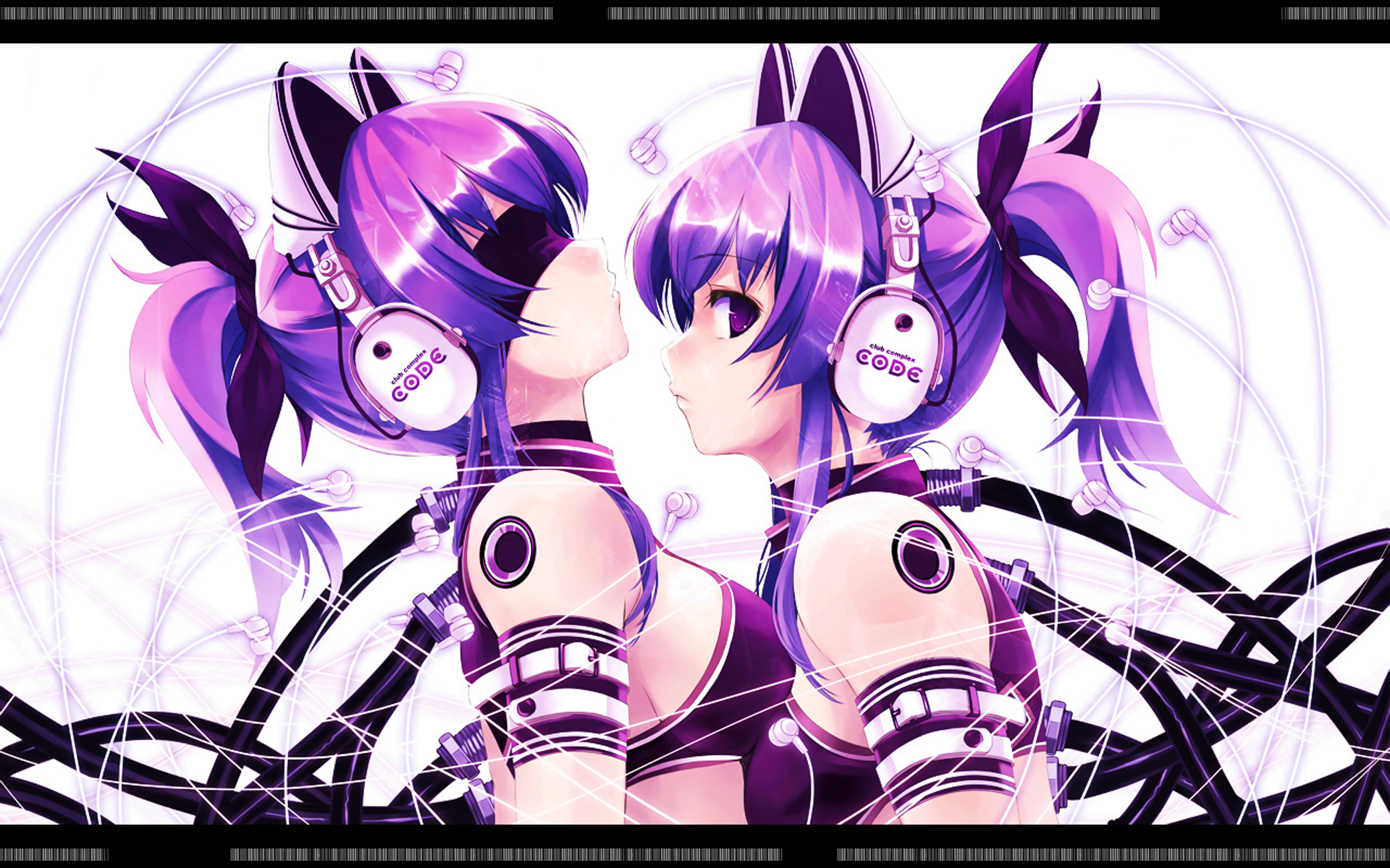 misaki kurehito, exit trance, exit tunes, artist request, highres, non-web source, tagme, 2girls, animal ear headphones, animal ears, armband, bare shoulders, blindfold, breasts, cable, cat ear headphones, cat ears, earbuds, earphones, fake animal ears, hair ornament, hair ribbon, headphones, looking at viewer, multiple girls, ponytail, purple eyes, purple hair, ribbon, sensory deprivation, short hair, siblings, simple background, tank top, twins, white background, yuri