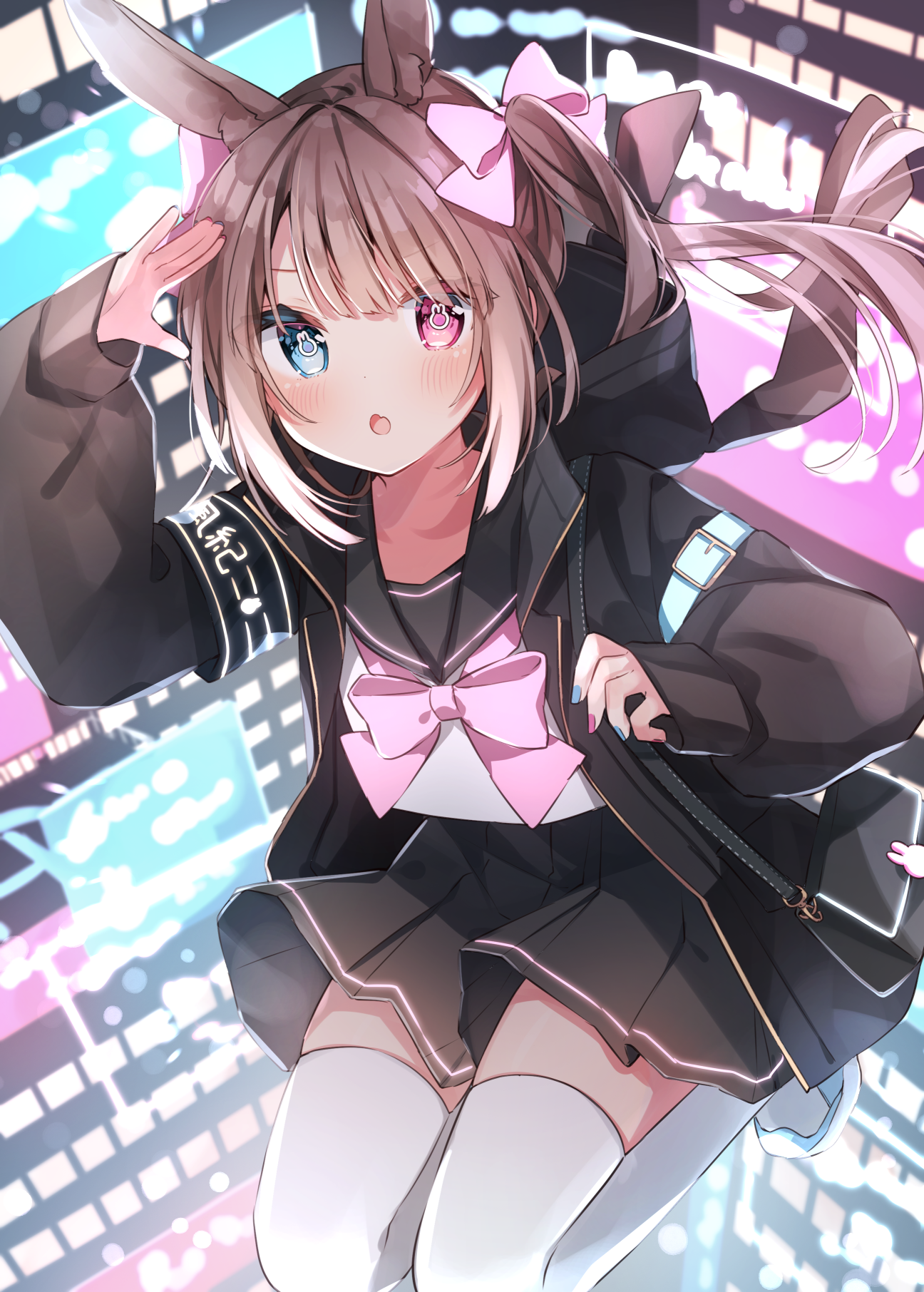 heripiro, original, commentary request, highres, 1girl, animal ear fluff, animal ears, arm up, bag, black sailor collar, black skirt, blue eyes, blue nails, blue shoes, blush, bow, bowtie, brown hair, eyes visible through hair, fang, full body, hair bow, handbag, heterochromia, hood, hooded jacket, jacket, long hair, long sleeves, looking at viewer, multicolored nails, nail polish, open clothes, open jacket, outdoors, pink bow, pink bowtie, pink eyes, pink nails, pleated skirt, rabbit-shaped pupils, rabbit ears, sailor collar, school uniform, serafuku, shirt, shoes, skin fang, skirt, solo, symbol-shaped pupils, thighhighs, twintails, white shirt, white thighhighs, zettai ryouiki