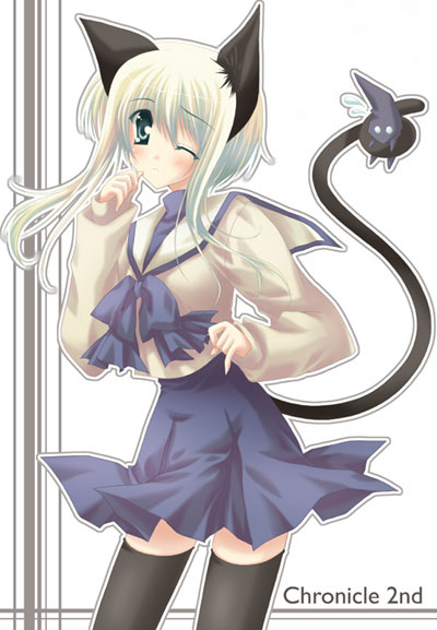 animal ears, blush, cat ears, cat tail, long hair, school uniform, serafuku, tail, thighhighs